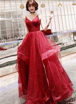 Picture of Wine Red Color Tulle V-neckline Long Party Dress, A-line Straps Tulle Formal Gown Evening Dresses